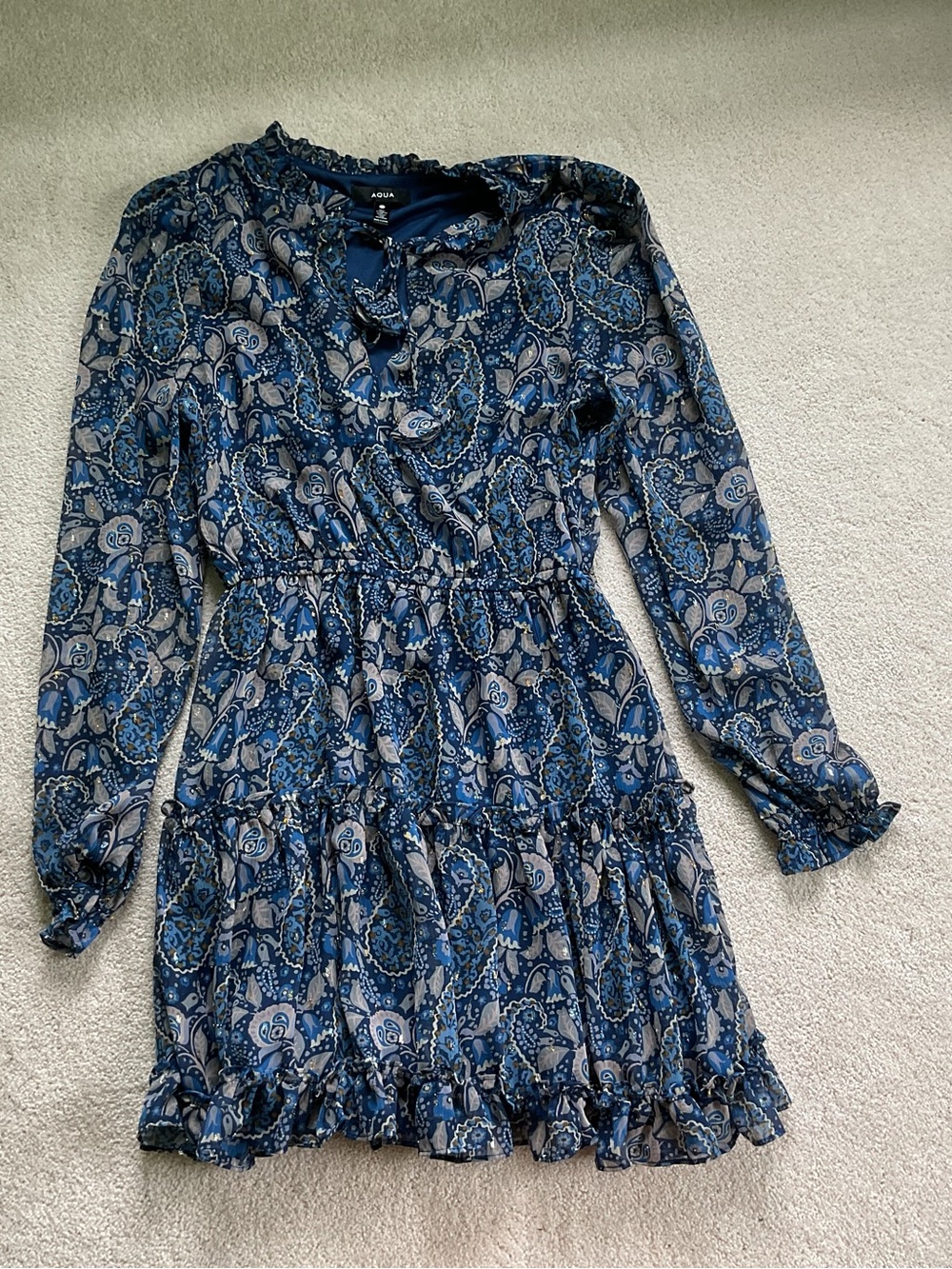 Aqua Paisley Long-Sleeve Tiered Dress